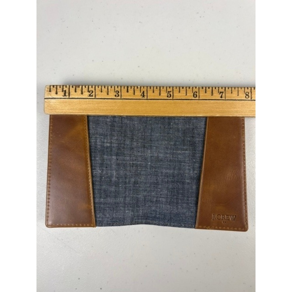 J.Crew Brown Leather Passport Cover Chambray Lined Travel Case Wallet - Picture 2 of 9